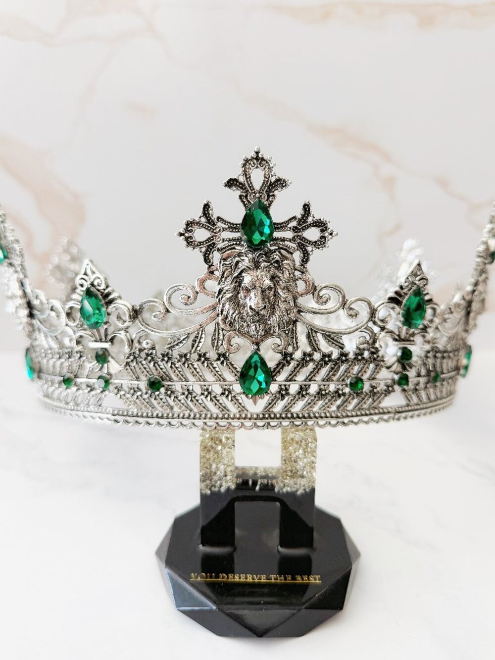 Silver Lion King Crown Green Crystal Cross Medieval Royal Cosplay Wedding Prom